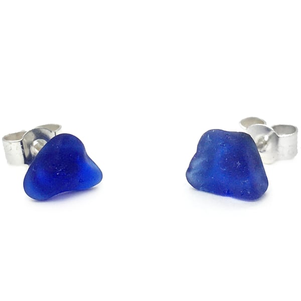 Seaglass Stud Earrings - Handmade Blue Scottish Sea Glass Silver Jewellery