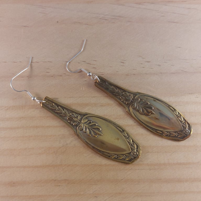 Upcycled Brass Leaf Sugar Tong Handle Earrings (SPE102510)