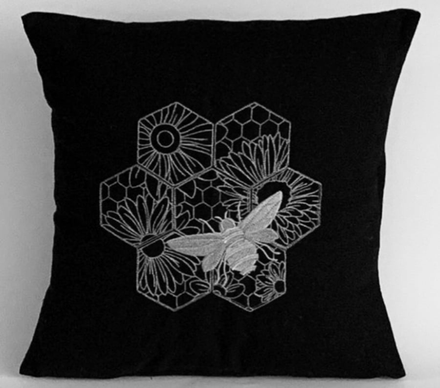 Ornate Silver Bee Embroidered Cushion Cover BLACK 