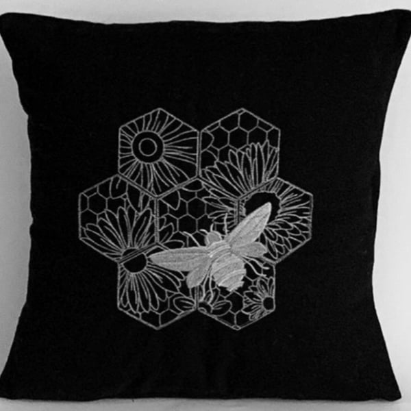 Ornate Silver Bee Embroidered Cushion Cover BLACK 