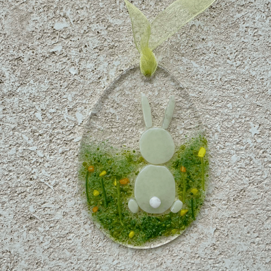 Fused glass Easter egg hanging decoration with bunny
