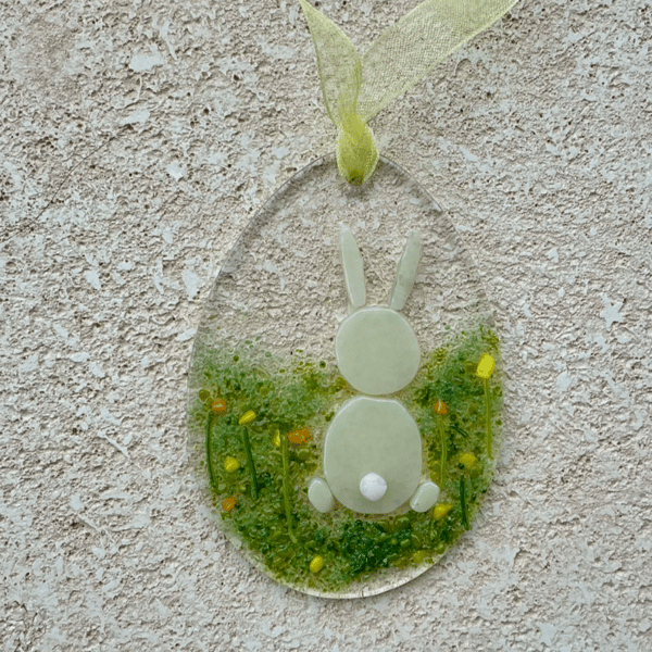 Fused glass Easter egg hanging decoration with bunny