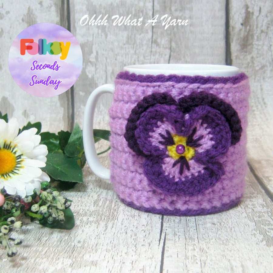 Seconds Sunday end of line. Pansy mug hug, mug cosy mug cozy, flower mug cosy
