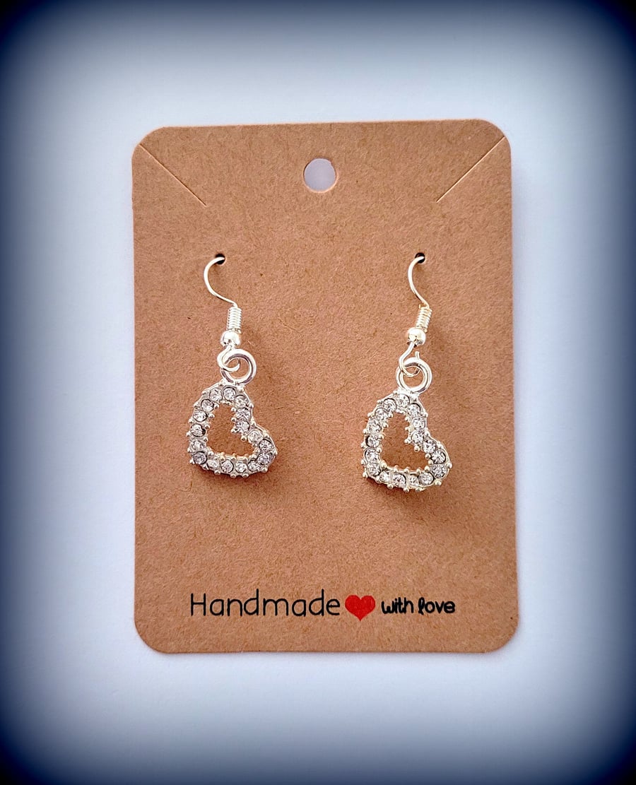 Clear Crystal Heart Charm Dangle Earrings on Silver Plated Earring Hooks