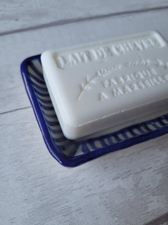 Blue striped soap dish