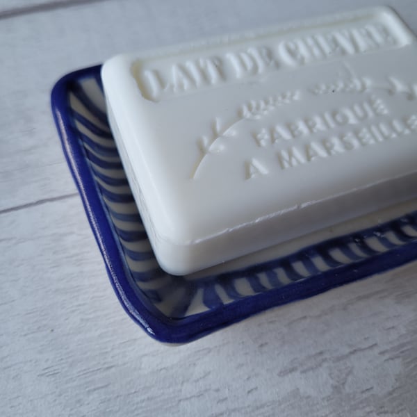 Blue striped soap dish