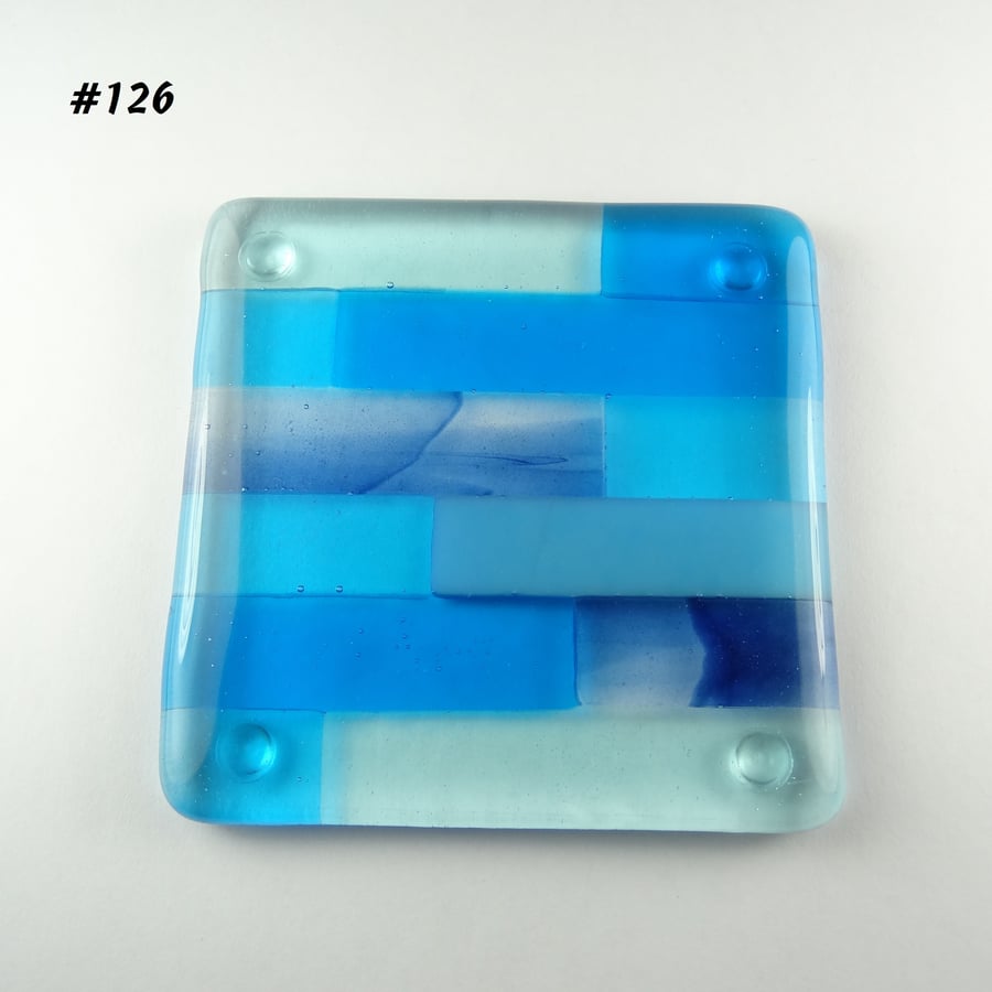 Blue block striped fused glass coaster, 9cm, handcrafted (126)