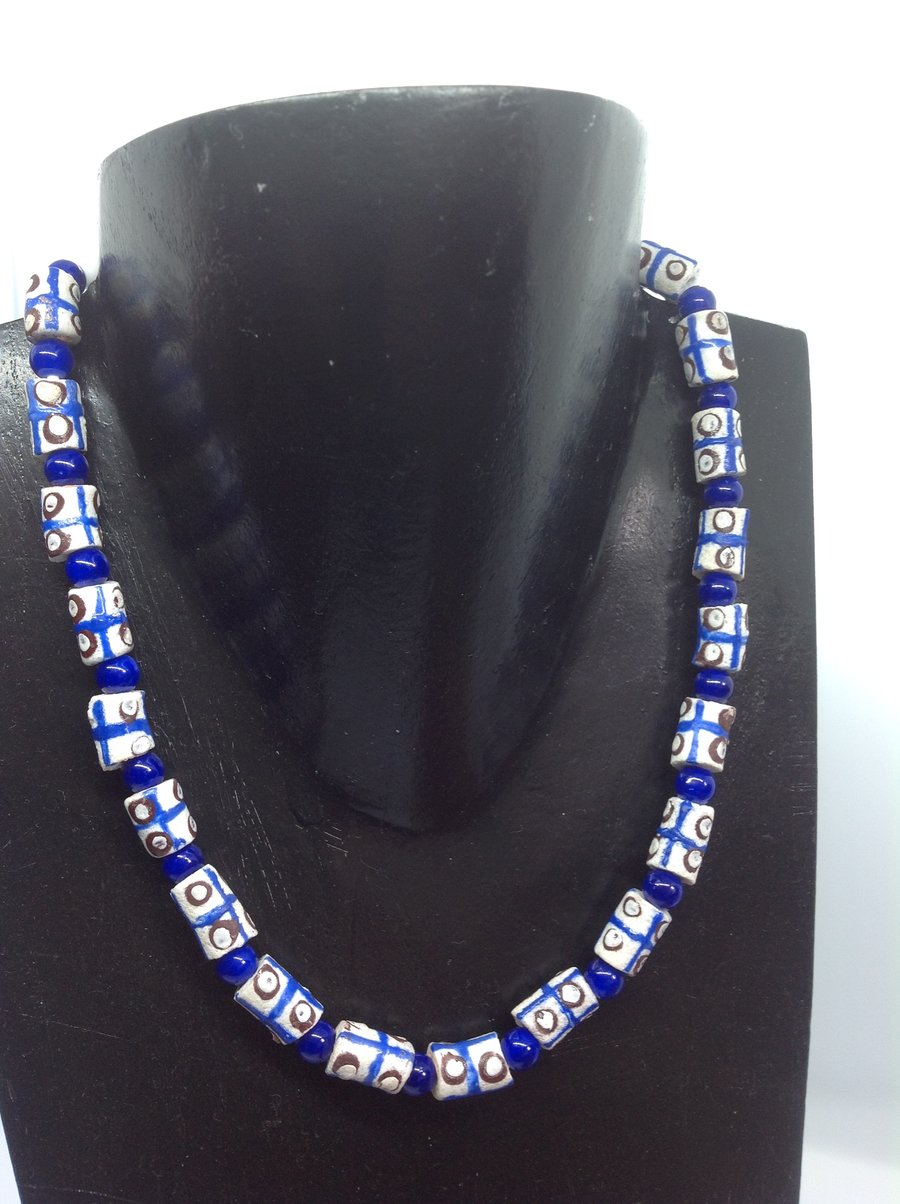 Blue and white African recycled bottle beads necklace