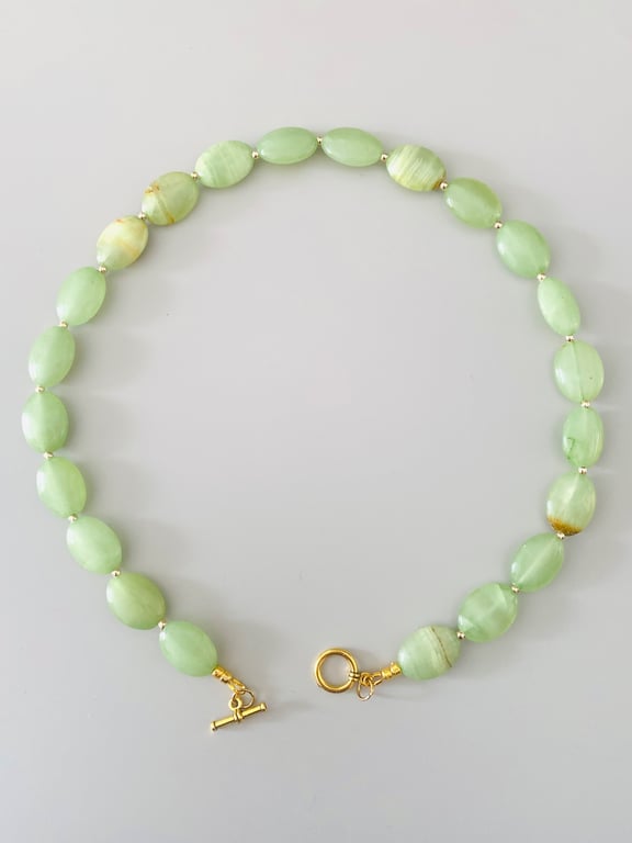 Light Green Gemstone Beaded Necklace with Gold Toggle Clasp