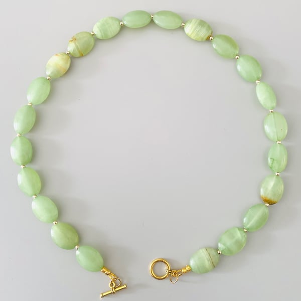 Light Green Gemstone Beaded Necklace with Gold Toggle Clasp