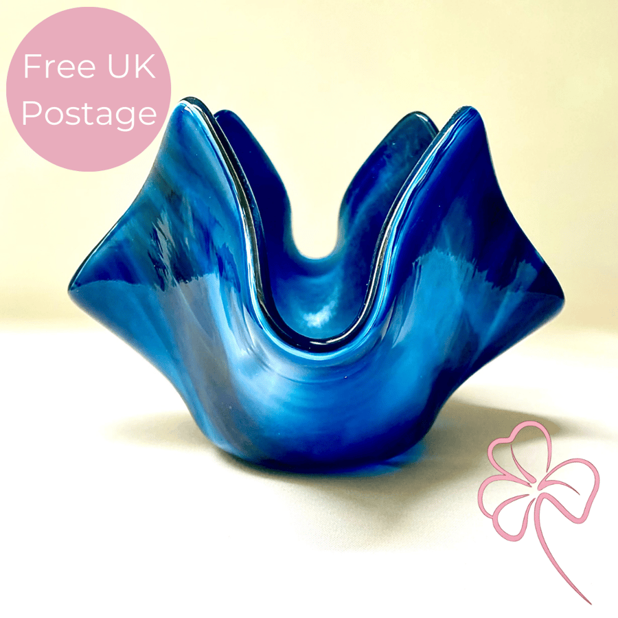 Streaky Midnight Blue Fused Glass Candle Holder – Unique Handmade Home Accessory