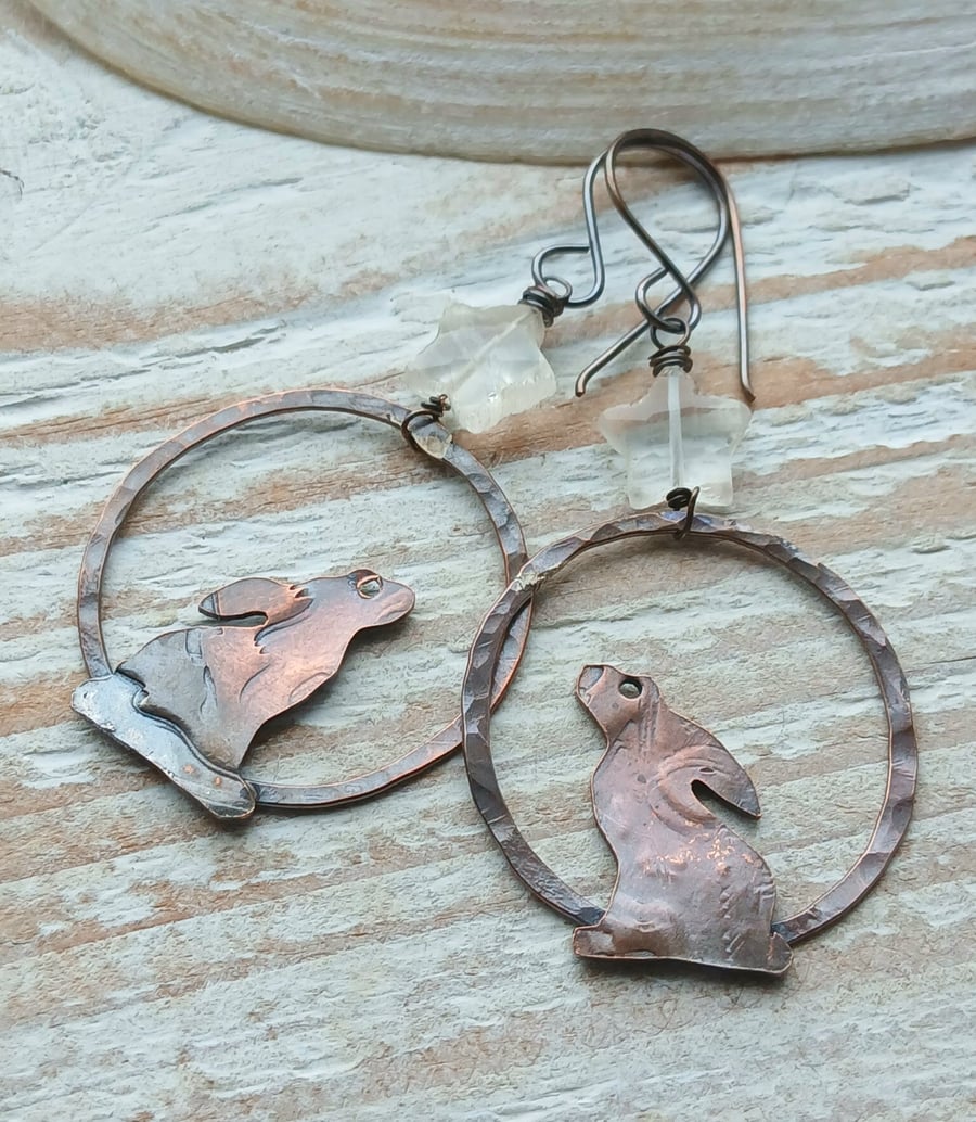 Copper Hoop Hare Earrings with Quartz Stars