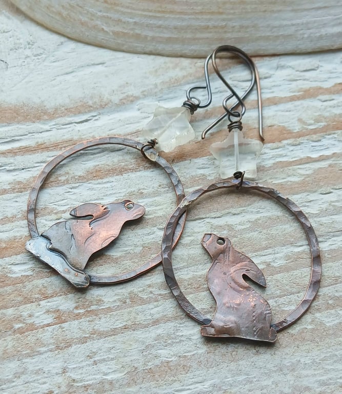 Copper Hoop Hare Earrings with Quartz Stars