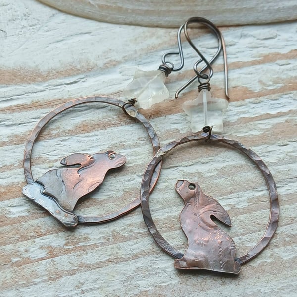 Copper Hoop Hare Earrings with Quartz Stars