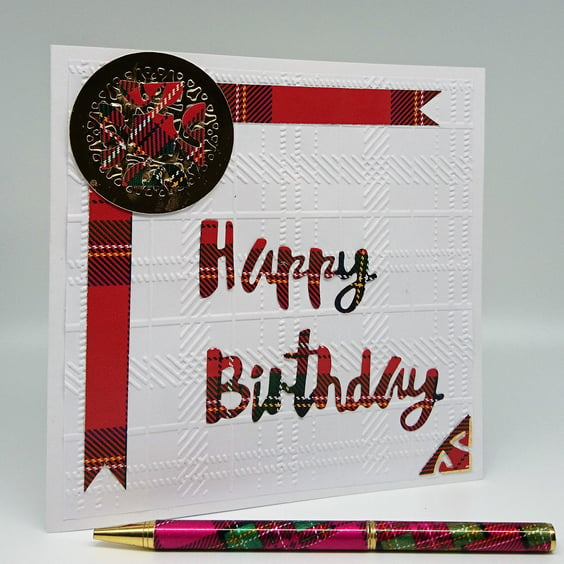 Scottish Handmade Happy Birthday Card with Red Tartan and Celtic Design