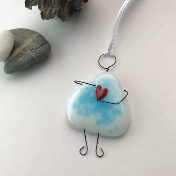 Fused glass girl, hug, heart, gift for friend