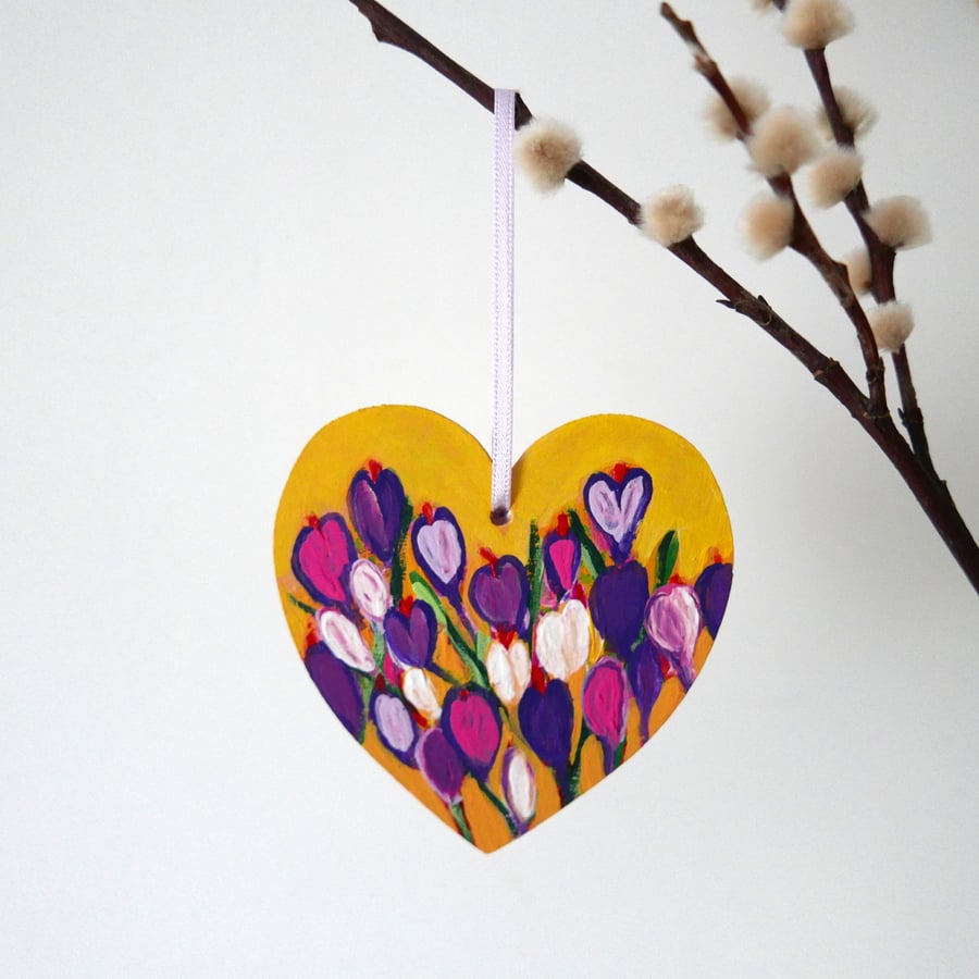 Crocus Hanging Decoration, Yellow Heart, Spring Flowers, Miniature Painting