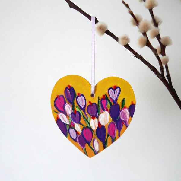 Crocus Hanging Decoration, Yellow Heart, Spring Flowers, Miniature Painting