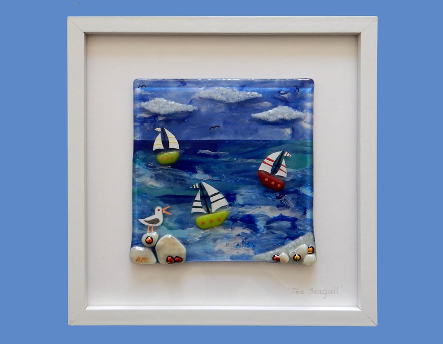 HANDMADE FUSED GLASS  'SEAGULL AND COAST' PICTURE