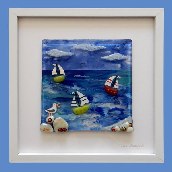 HANDMADE FUSED GLASS  'SEAGULL AND COAST' PICTURE