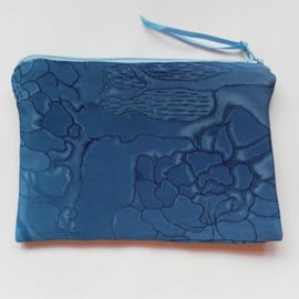 Pretty and elegant make up bag,  blue, floral, silky fabric