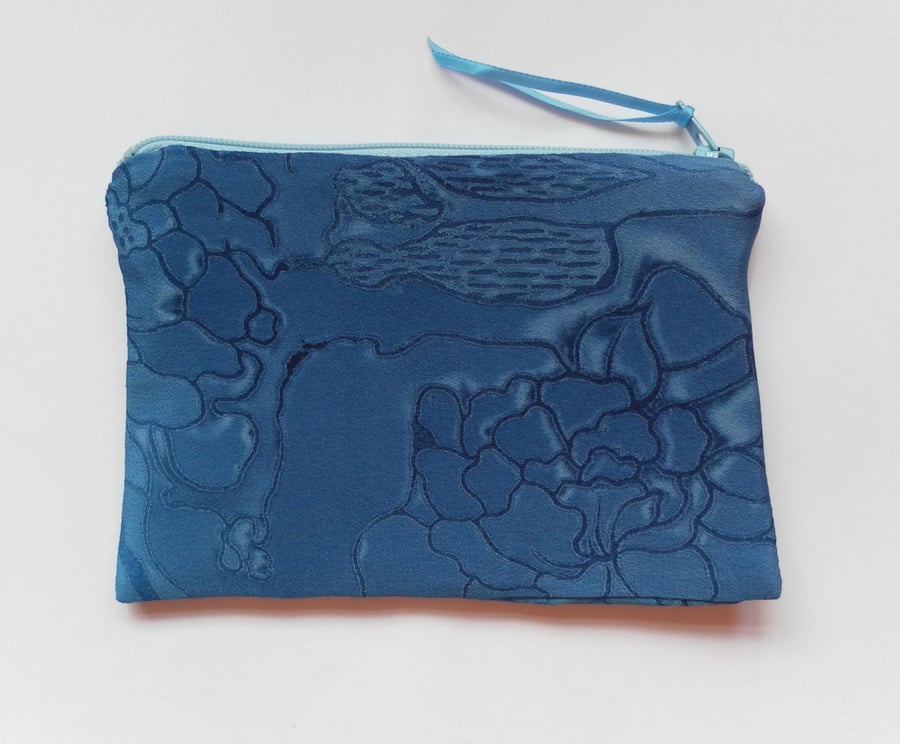 Pretty and elegant make up bag,  blue, floral, silky fabric