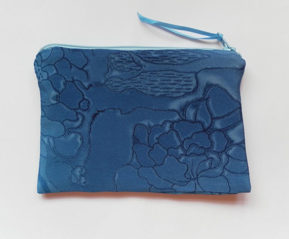 Pretty and elegant make up bag,  blue, floral, silky fabric