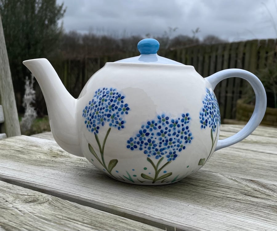 Teapot, Blue, Hydrangea. Ceramic, Hand Painted, Kitchen