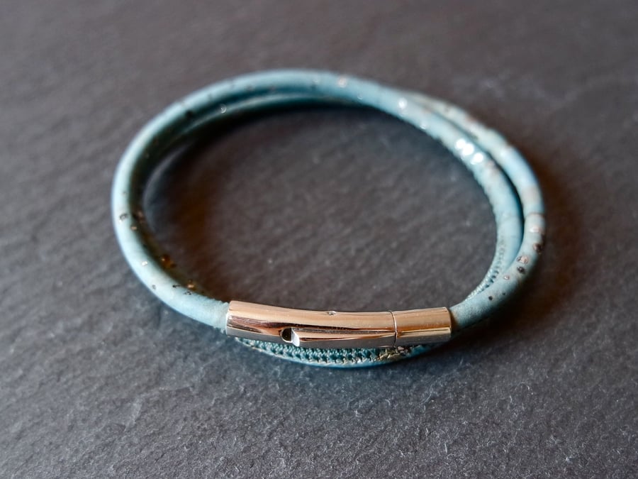 Vegan cork wrap bracelet in teal blue and silver