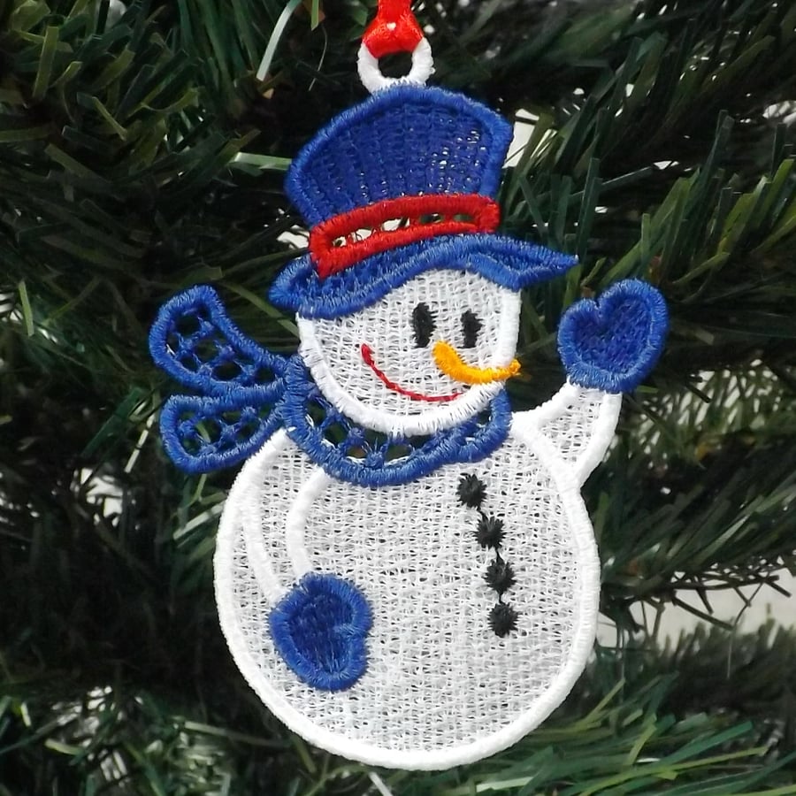 Christmas decoration, snowman decoration, blue hat.