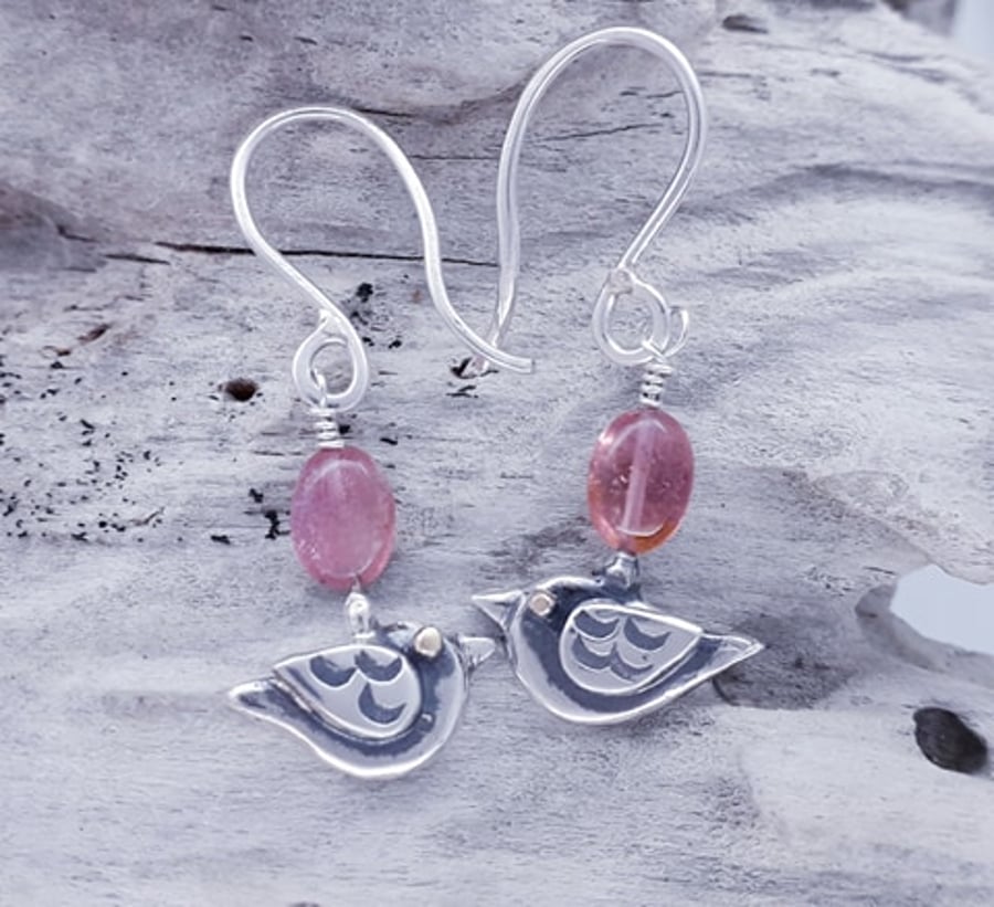 Birdie Drop Earrrings with Pink Tourmaline Pebble Beads 