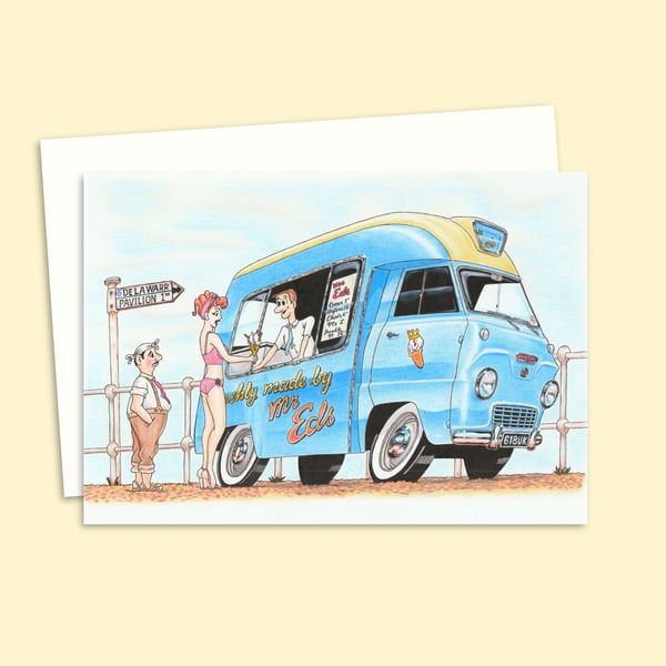 Seaside Ice Cream Van Greetings Card - Postcard Style Pencil Illustration (804)