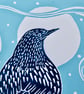 A freshly printed linocut card featuring a starling gazing at the moon - Image 2