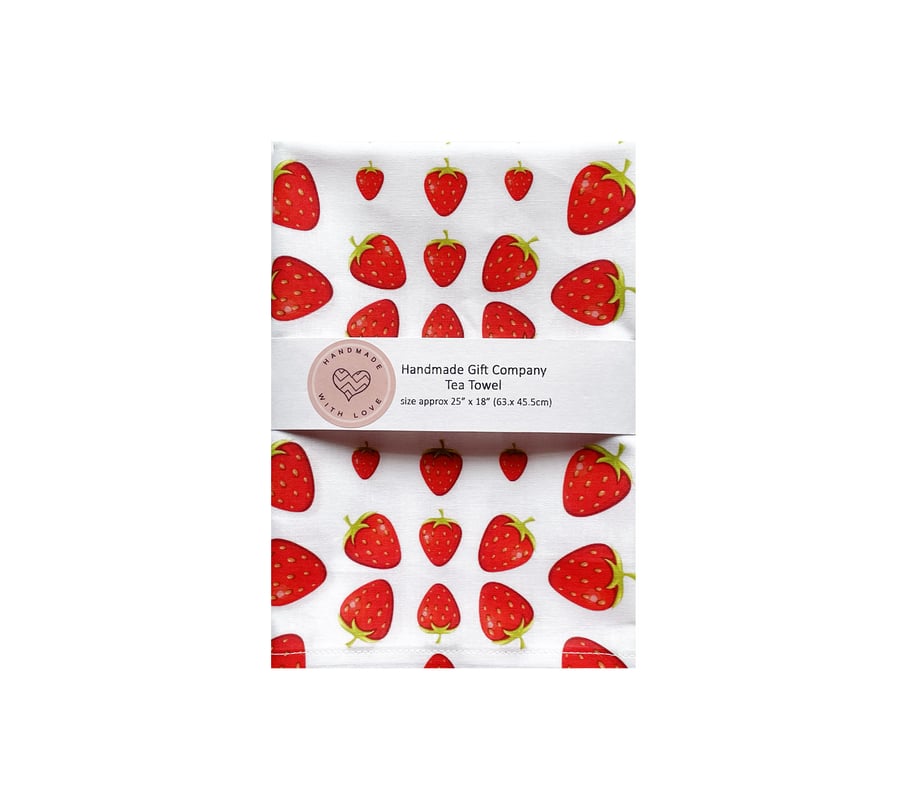 Fabric Handmade Pretty Cotton Tea Towel with a Strawberry Design