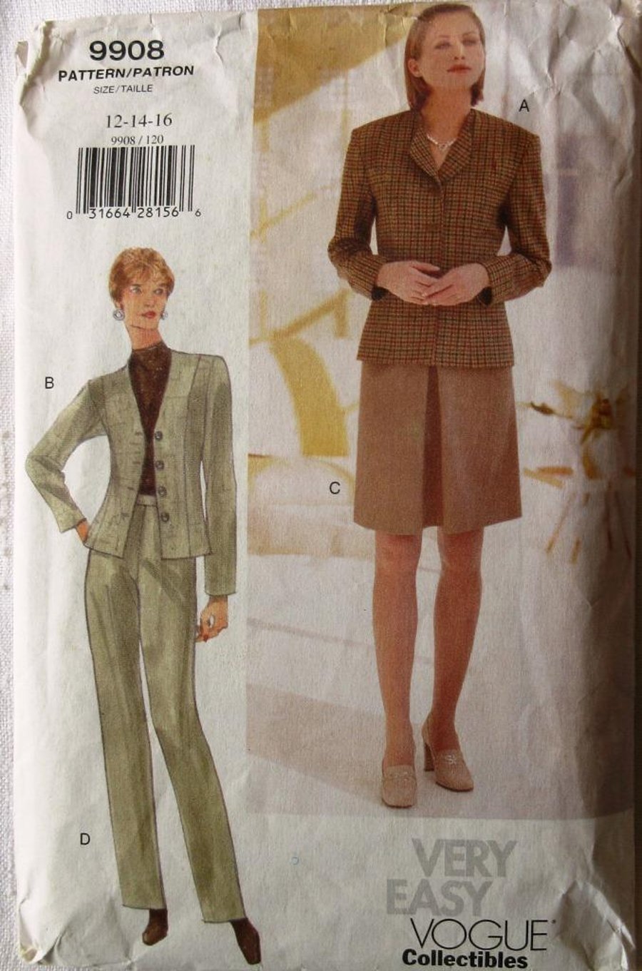 A Vogue sewing pattern for a misses' jacket, skirt & trousers (suit) in size 12 