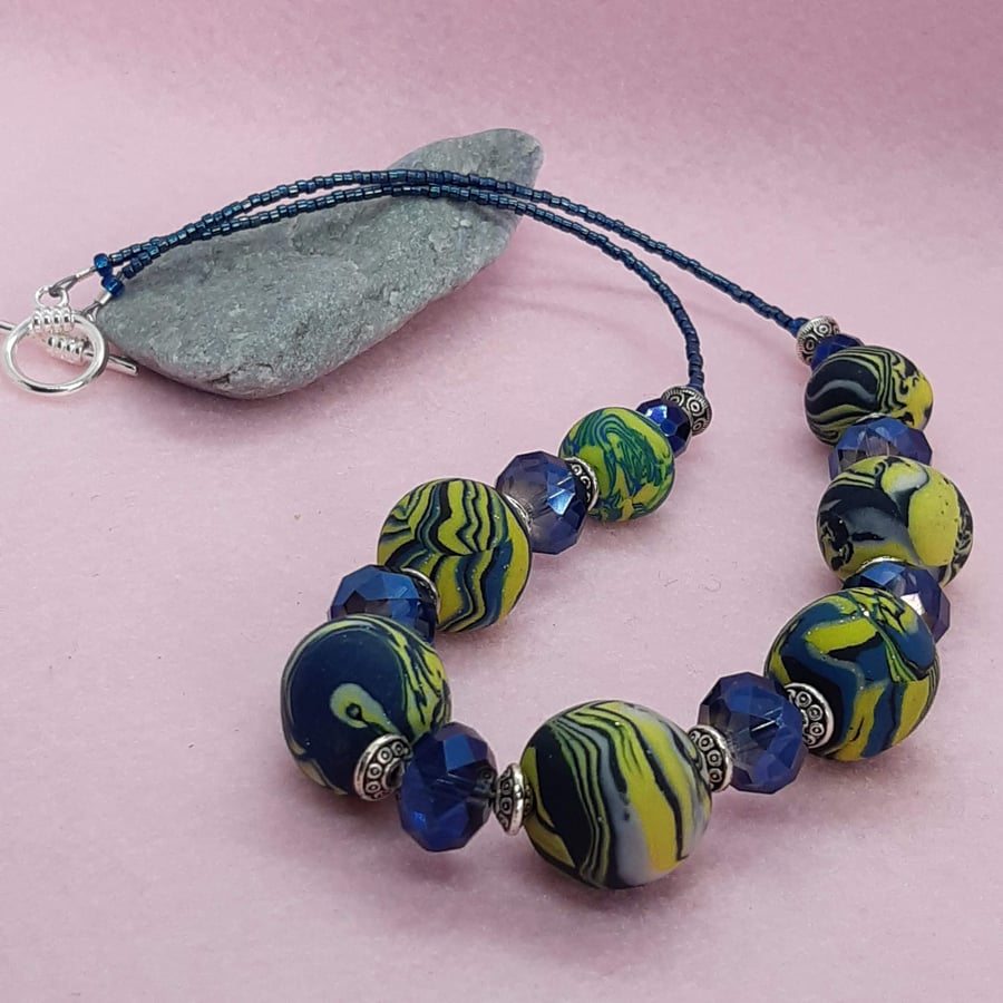 Navy and lemon yellow polymer clay necklace