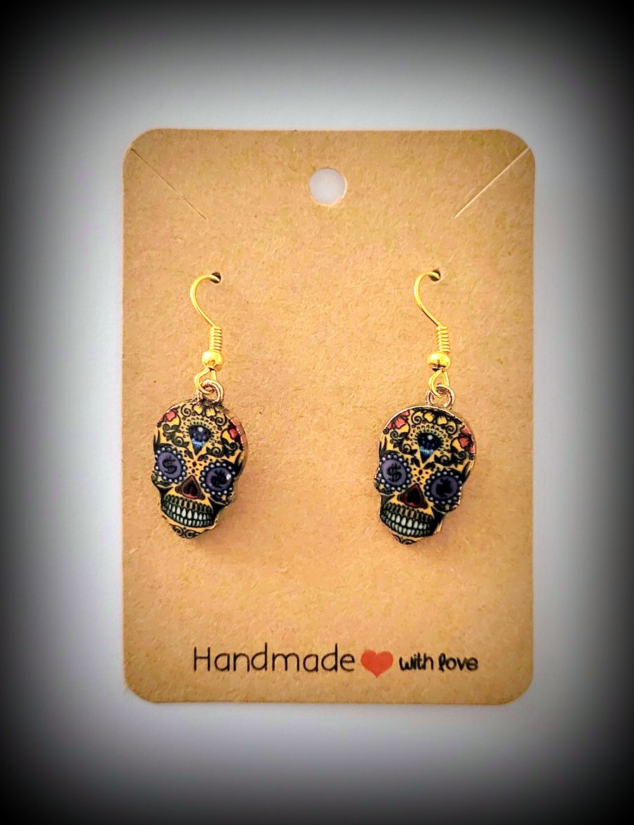Yellow & Purple Day of the Dead Skull Charm Dangle Earrings on Gold Plated Hooks