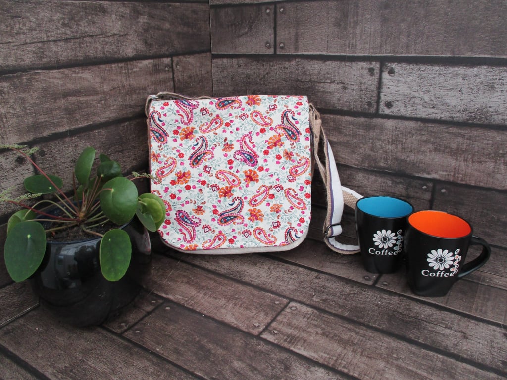 Upcycled Coffee Sack - Crossbody Shoulder Bag - Cream Pink and Peach Paisley