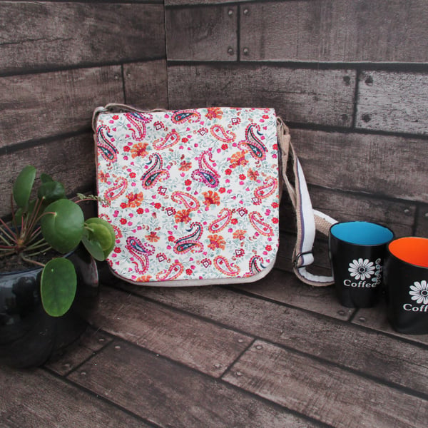 Upcycled Coffee Sack - Crossbody Shoulder Bag - Cream Pink and Peach Paisley