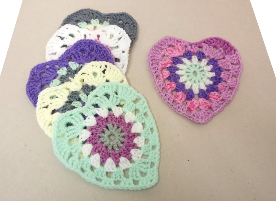 Heart coasters in mixed colours, set of six, crochet heart table mats