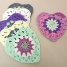 Heart coasters in mixed colours, set of six, crochet heart table mats