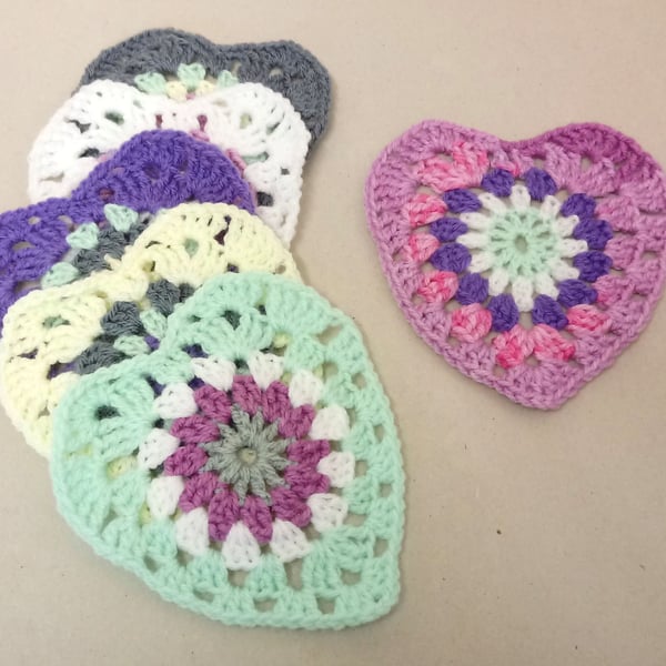 Heart coasters in mixed colours, set of six, crochet heart table mats