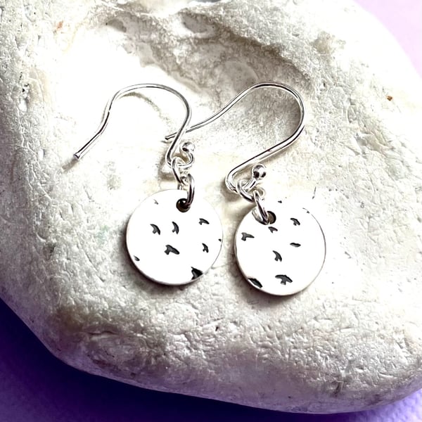 Silver disc earrings with birds