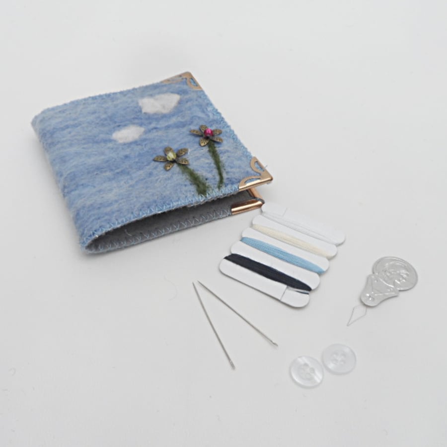 Sewing Kit Needle Case, blue felt with flowers