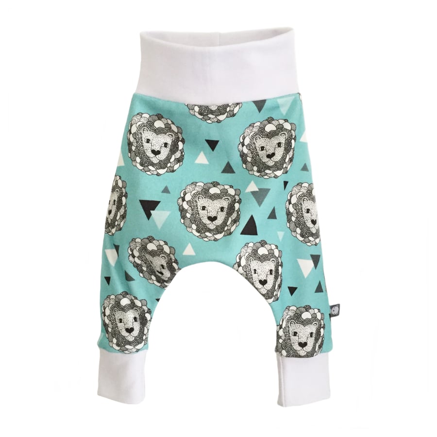 Baby HAREM PANTS in blue LIONS - Organic Relaxed Trousers - A Gift Idea