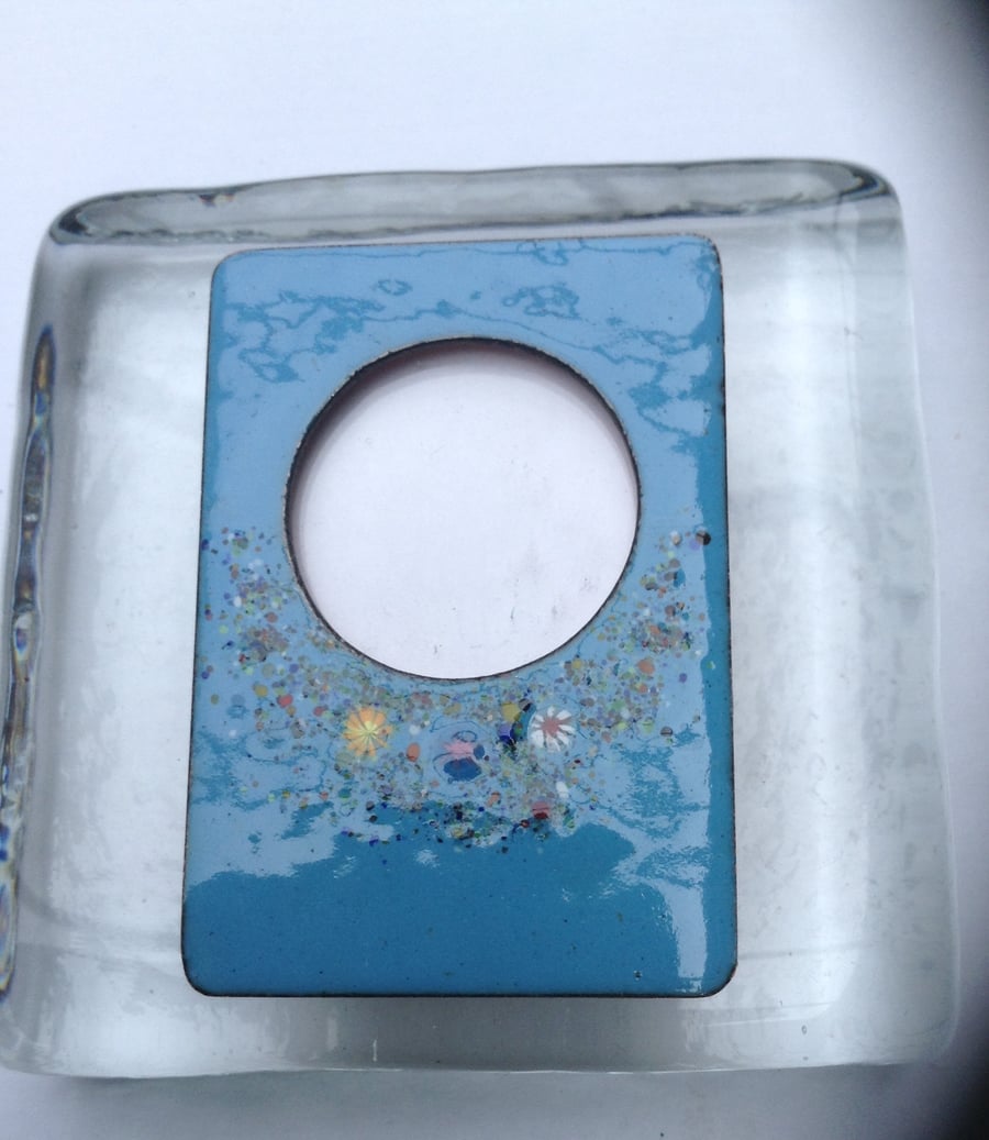Enamelled photo frame in copper with molten glass flowers - turquoise blue