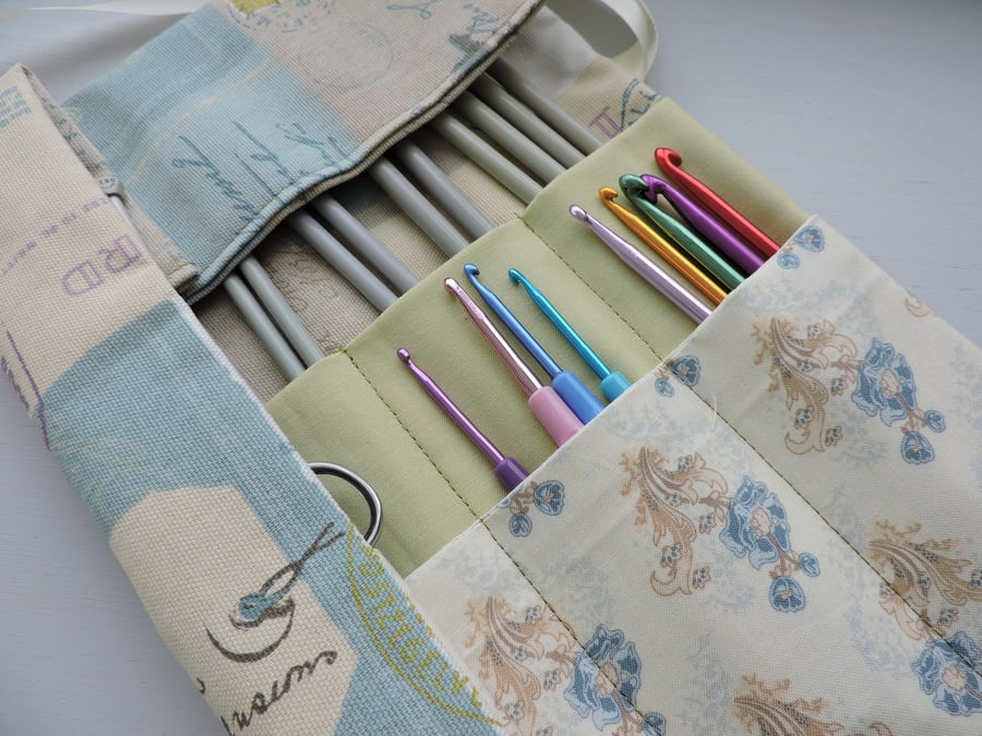  Knitting Needle and Crochet Hook Roll  Sage Cream and Dusky Flax Blue