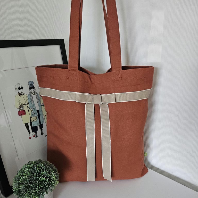 Organic Cotton Tote Bag: Burnt Orange Hopsack Ribbon Detail