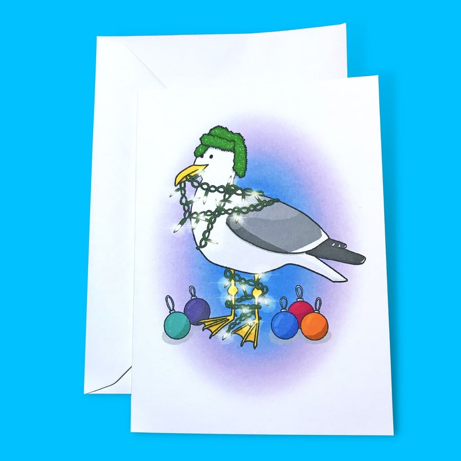 Seagull with Christmas Decorations Illustration A6 Card