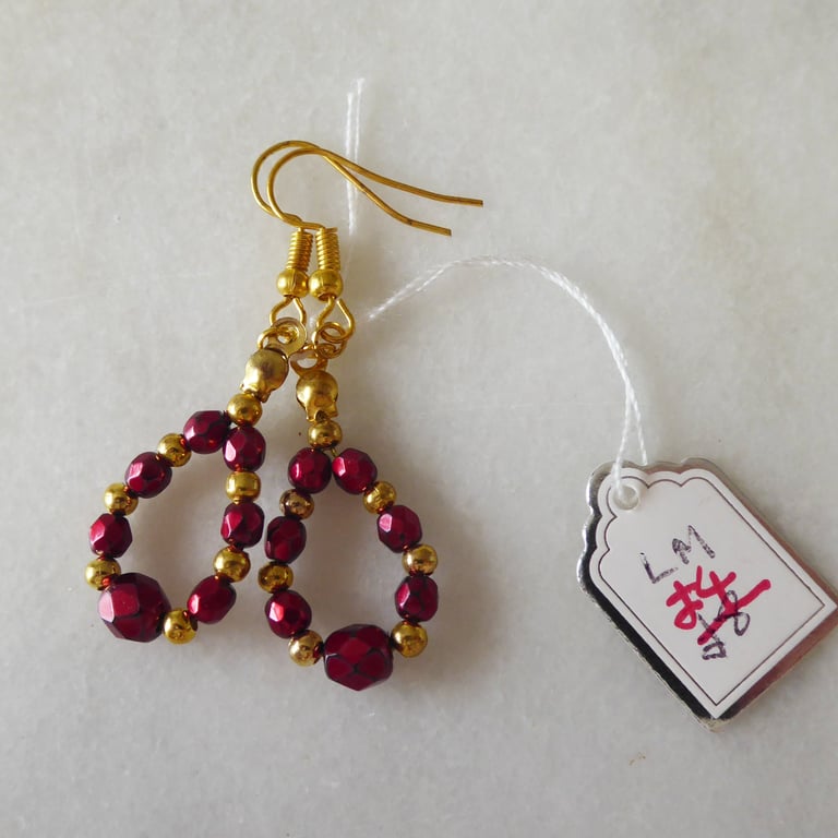 Dark Red Faceted bead Earrings with Gold Accents - Summer Seconds